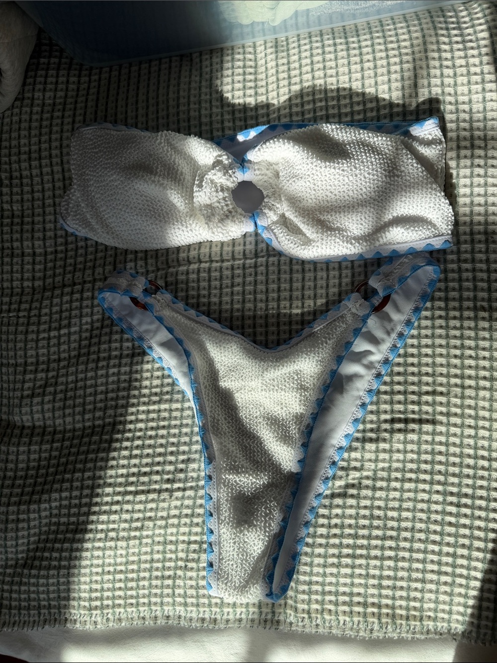 SHEIN White Textured Bandeau Bikini with Light Blue Trim